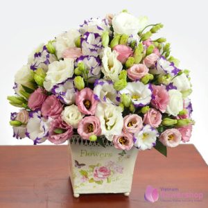 Basket of lisianthus flowers in Vietnam