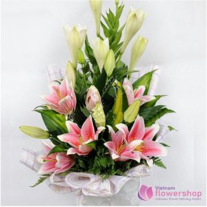 Pink lily flowers in Vietnam flower shop