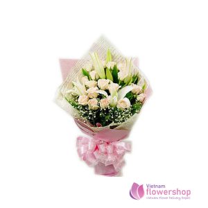 Pink rose and white lilies for birthday