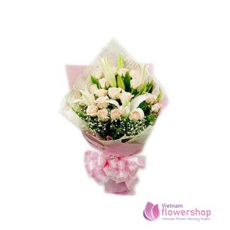 Bouquet of pink roses and white lilies for her birthday