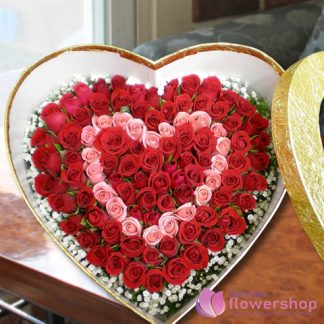 Red And Pink Roses in heart shaped box