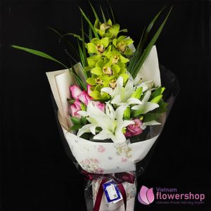 Vietnam flower bouquet with orchid and white lilies