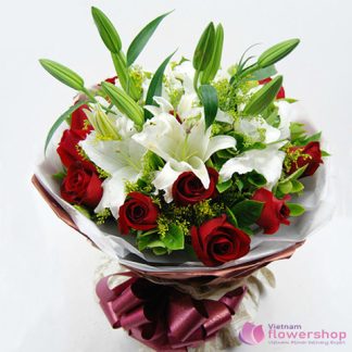 White Lilies mixed 12 red roses