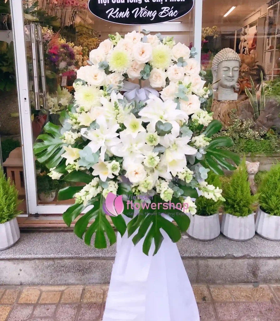 Elegant white flowers arranged for a funeral tribute